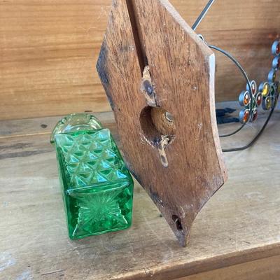 LOT 69: Children's Wooden Bench / Seat with Pottery, Watering Cans, MCM Wood Based Green Glass Vase with Stained Glass Flowers,...