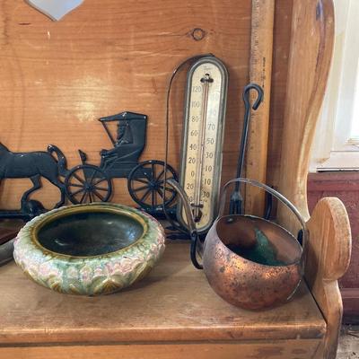 LOT 69: Children's Wooden Bench / Seat with Pottery, Watering Cans, MCM Wood Based Green Glass Vase with Stained Glass Flowers,...