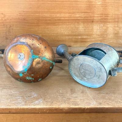 LOT 69: Children's Wooden Bench / Seat with Pottery, Watering Cans, MCM Wood Based Green Glass Vase with Stained Glass Flowers,...