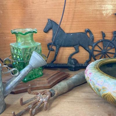LOT 69: Children's Wooden Bench / Seat with Pottery, Watering Cans, MCM Wood Based Green Glass Vase with Stained Glass Flowers,...