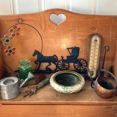 LOT 69: Children's Wooden Bench / Seat with Pottery, Watering Cans, MCM Wood Based Green Glass Vase with Stained Glass Flowers,...