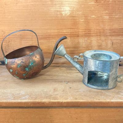 LOT 69: Children's Wooden Bench / Seat with Pottery, Watering Cans, MCM Wood Based Green Glass Vase with Stained Glass Flowers,...