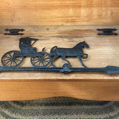 LOT 69: Children's Wooden Bench / Seat with Pottery, Watering Cans, MCM Wood Based Green Glass Vase with Stained Glass Flowers,...