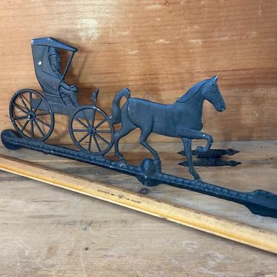 LOT 69: Children's Wooden Bench / Seat with Pottery, Watering Cans, MCM Wood Based Green Glass Vase with Stained Glass Flowers,...