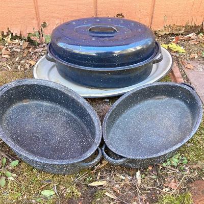 LOT 70: Pryolite Ware Germany Lidded Pail with Large Collection of Aluminum and Enamel Cookware