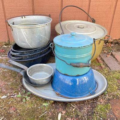 LOT 70: Pryolite Ware Germany Lidded Pail with Large Collection of Aluminum and Enamel Cookware