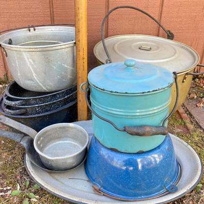 LOT 70: Pryolite Ware Germany Lidded Pail with Large Collection of Aluminum and Enamel Cookware