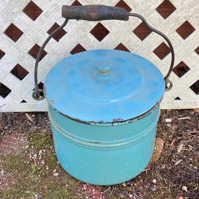 LOT 70: Pryolite Ware Germany Lidded Pail with Large Collection of Aluminum and Enamel Cookware