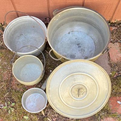 LOT 70: Pryolite Ware Germany Lidded Pail with Large Collection of Aluminum and Enamel Cookware