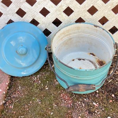 LOT 70: Pryolite Ware Germany Lidded Pail with Large Collection of Aluminum and Enamel Cookware