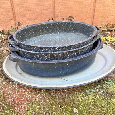 LOT 70: Pryolite Ware Germany Lidded Pail with Large Collection of Aluminum and Enamel Cookware