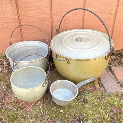 LOT 70: Pryolite Ware Germany Lidded Pail with Large Collection of Aluminum and Enamel Cookware
