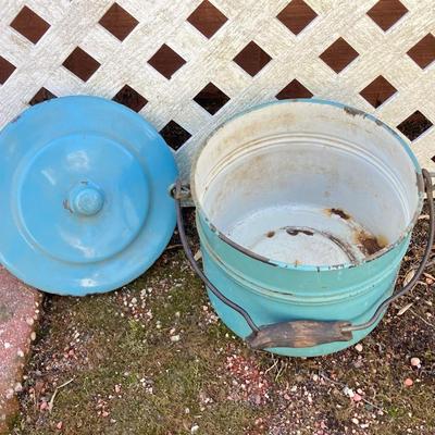 LOT 70: Pryolite Ware Germany Lidded Pail with Large Collection of Aluminum and Enamel Cookware