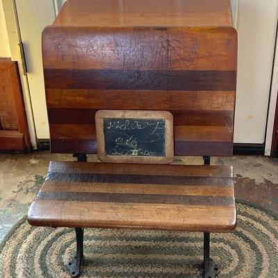 LOT 73: Vintage Wood and Cast Iron Children's Folding School Desk / Seat with Miniature Armani Brand Chalkboard