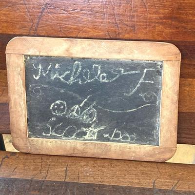 LOT 73: Vintage Wood and Cast Iron Children's Folding School Desk / Seat with Miniature Armani Brand Chalkboard