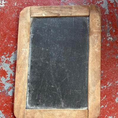 LOT 73: Vintage Wood and Cast Iron Children's Folding School Desk / Seat with Miniature Armani Brand Chalkboard