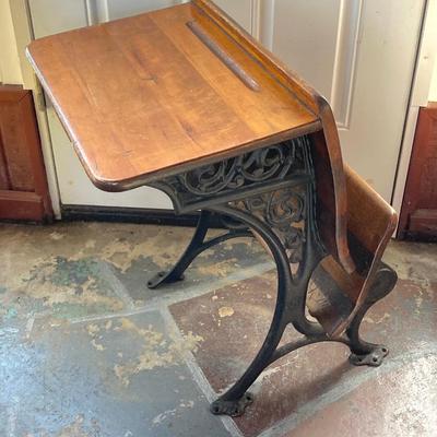 LOT 73: Vintage Wood and Cast Iron Children's Folding School Desk / Seat with Miniature Armani Brand Chalkboard