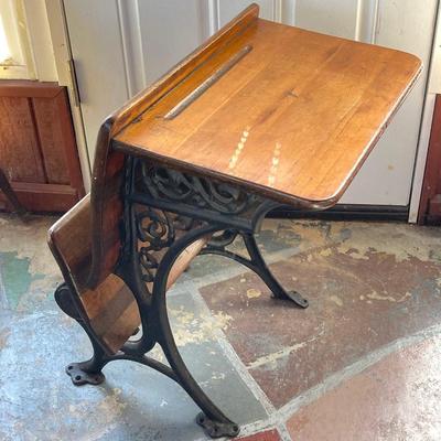 LOT 73: Vintage Wood and Cast Iron Children's Folding School Desk / Seat with Miniature Armani Brand Chalkboard