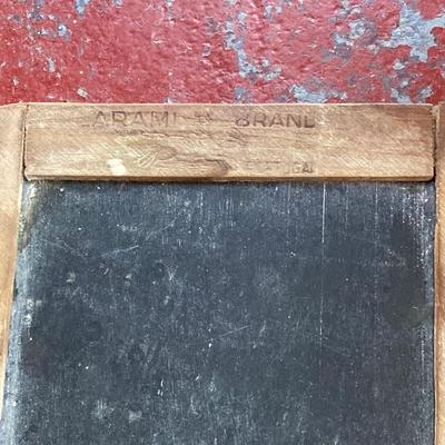 LOT 73: Vintage Wood and Cast Iron Children's Folding School Desk / Seat with Miniature Armani Brand Chalkboard