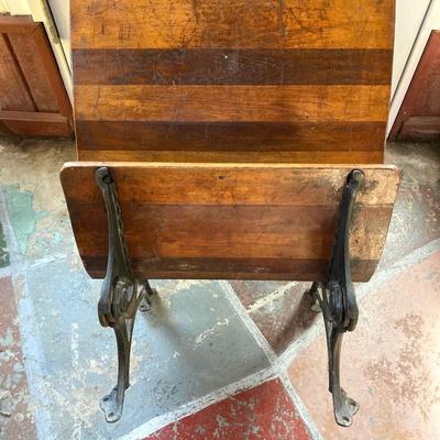 LOT 73: Vintage Wood and Cast Iron Children's Folding School Desk / Seat with Miniature Armani Brand Chalkboard