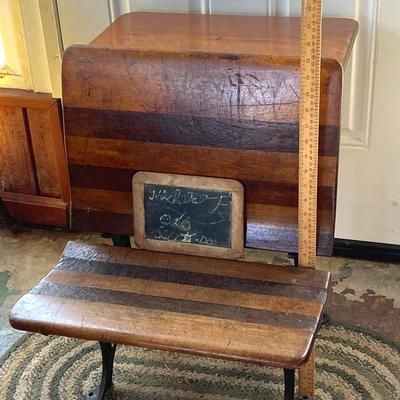 LOT 73: Vintage Wood and Cast Iron Children's Folding School Desk / Seat with Miniature Armani Brand Chalkboard