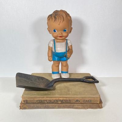 LOT 75: Vintage Children's Toys - Watering Cans, Doll (The Sun Rubber Co / Ruth E Newton), Wooden Cart, Books and More