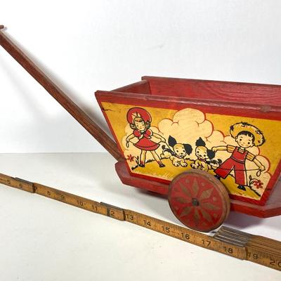 LOT 75: Vintage Children's Toys - Watering Cans, Doll (The Sun Rubber Co / Ruth E Newton), Wooden Cart, Books and More
