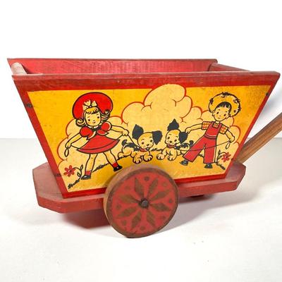 LOT 75: Vintage Children's Toys - Watering Cans, Doll (The Sun Rubber Co / Ruth E Newton), Wooden Cart, Books and More