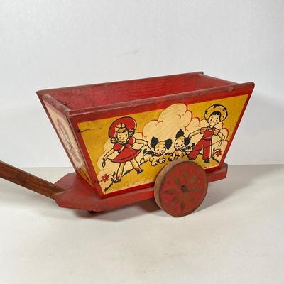LOT 75: Vintage Children's Toys - Watering Cans, Doll (The Sun Rubber Co / Ruth E Newton), Wooden Cart, Books and More