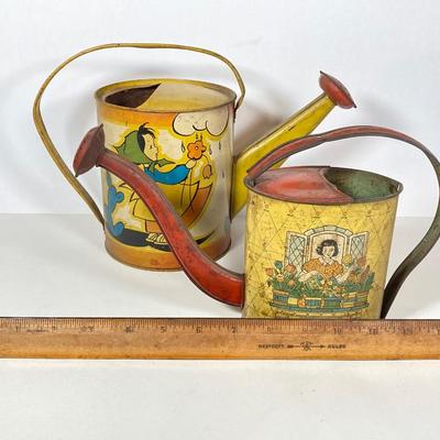 LOT 75: Vintage Children's Toys - Watering Cans, Doll (The Sun Rubber Co / Ruth E Newton), Wooden Cart, Books and More