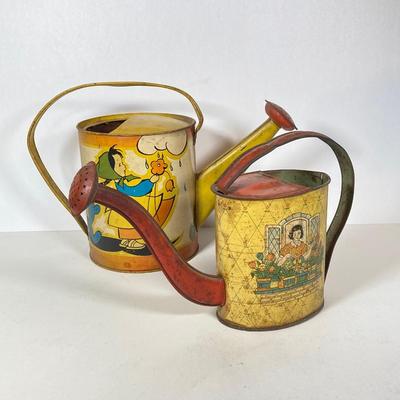 LOT 75: Vintage Children's Toys - Watering Cans, Doll (The Sun Rubber Co / Ruth E Newton), Wooden Cart, Books and More