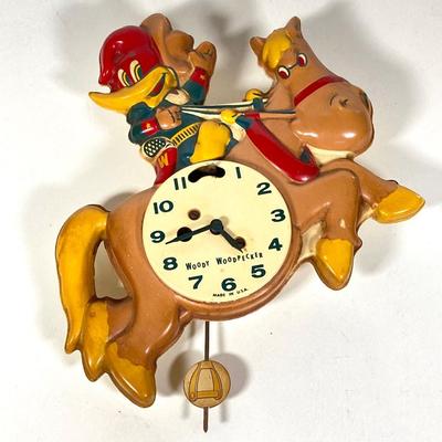 LOT 76: Vintage Woody Woodpecker Clock (Columbia Time Products), Popeye and Wimpy Ramp Walking Toy by Marx and Huckleberry Hound and His...