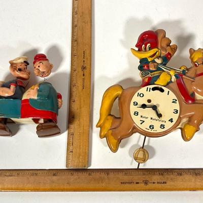 LOT 76: Vintage Woody Woodpecker Clock (Columbia Time Products), Popeye and Wimpy Ramp Walking Toy by Marx and Huckleberry Hound and His...