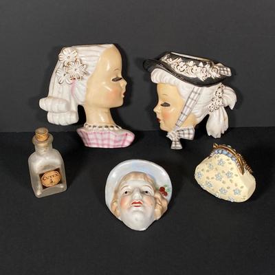 LOT 77: Vintage Lady Head Wall Pocket Vases, Miniature Cutex Botte and More