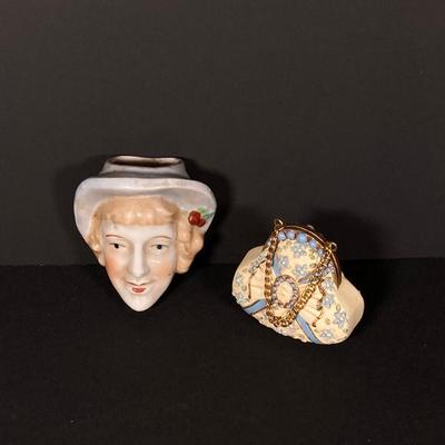 LOT 77: Vintage Lady Head Wall Pocket Vases, Miniature Cutex Botte and More