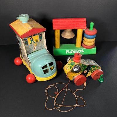 LOT 78: Vintage Fisher Price / Playschool Toys - Old Lady Shoe, Grandpa Frog and Bell Stack