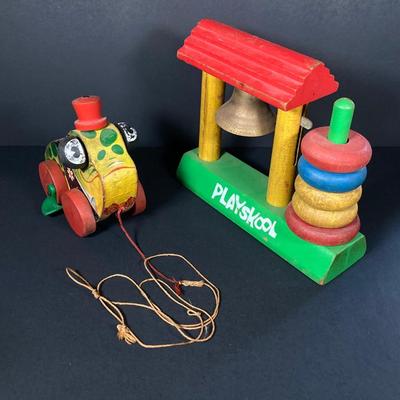 LOT 78: Vintage Fisher Price / Playschool Toys - Old Lady Shoe, Grandpa Frog and Bell Stack