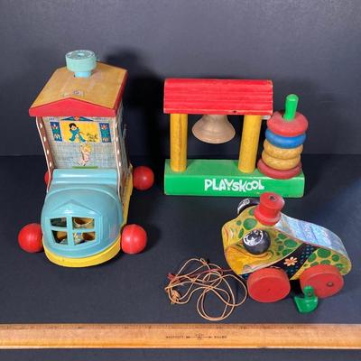 LOT 78: Vintage Fisher Price / Playschool Toys - Old Lady Shoe, Grandpa Frog and Bell Stack
