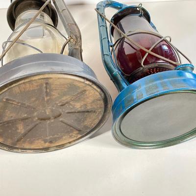 LOT 80: Vintage Oil Lanterns - 2 Dietz (Blue / Gray) and 1 Green Winged Wheel