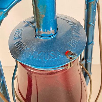 LOT 80: Vintage Oil Lanterns - 2 Dietz (Blue / Gray) and 1 Green Winged Wheel