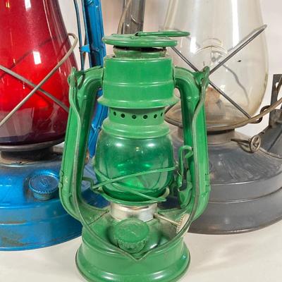 LOT 80: Vintage Oil Lanterns - 2 Dietz (Blue / Gray) and 1 Green Winged Wheel