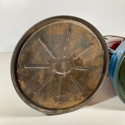 LOT 80: Vintage Oil Lanterns - 2 Dietz (Blue / Gray) and 1 Green Winged Wheel