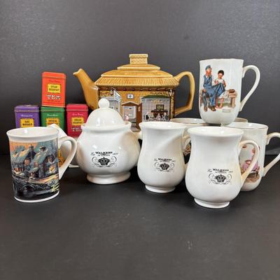 LOT 82: Tea-Time: McCormick Tea Baltimore, Md Teapot, Walkers of London Teapot & Mugs, Thomas Kinkade Mug, Norman Rockwell Mugs Set...