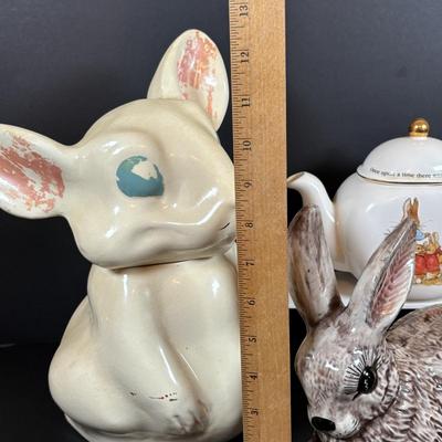LOT 83: Vintage McCoy Rabbit Cookie Jar, Teleflora Beatrix Potter Teapot & Ceramic Rabbit Figure
