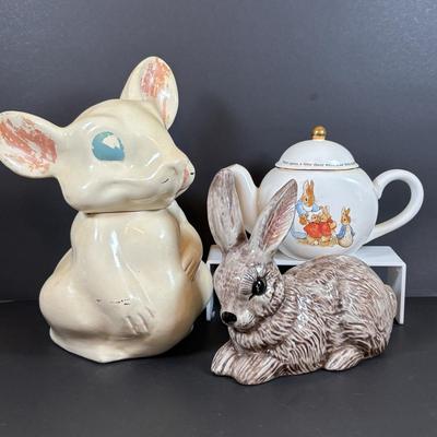 LOT 83: Vintage McCoy Rabbit Cookie Jar, Teleflora Beatrix Potter Teapot & Ceramic Rabbit Figure
