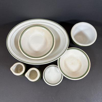 LOT 84: Vintage Wooden Recipe Box, White Iroquois China, Buffalo China, Green Creamers & Custard Cup, Chef Recipe Tin &n More