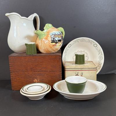 LOT 84: Vintage Wooden Recipe Box, White Iroquois China, Buffalo China, Green Creamers & Custard Cup, Chef Recipe Tin &n More