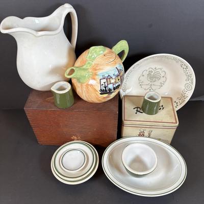 LOT 84: Vintage Wooden Recipe Box, White Iroquois China, Buffalo China, Green Creamers & Custard Cup, Chef Recipe Tin &n More