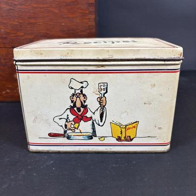 LOT 84: Vintage Wooden Recipe Box, White Iroquois China, Buffalo China, Green Creamers & Custard Cup, Chef Recipe Tin &n More
