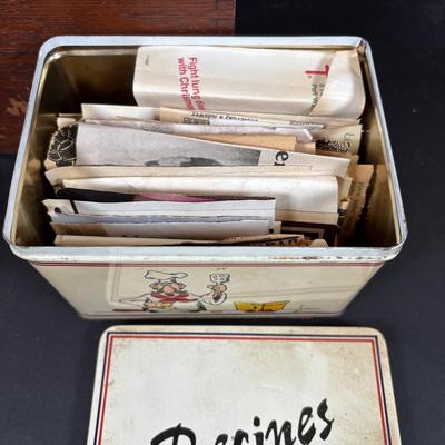 LOT 84: Vintage Wooden Recipe Box, White Iroquois China, Buffalo China, Green Creamers & Custard Cup, Chef Recipe Tin &n More